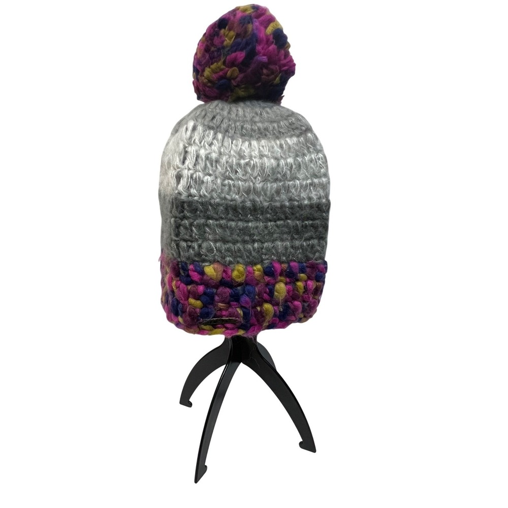 Prana Womens Beanie Pom Pom Hat One Size Grey Purple Pink Chunky Knit Winter Cap